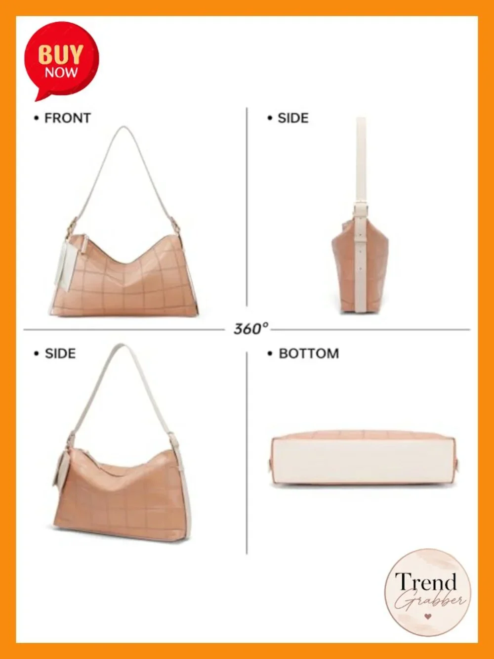 Vegan Leather Checkered Hobo Shoulder Bag with Adjustable Strap